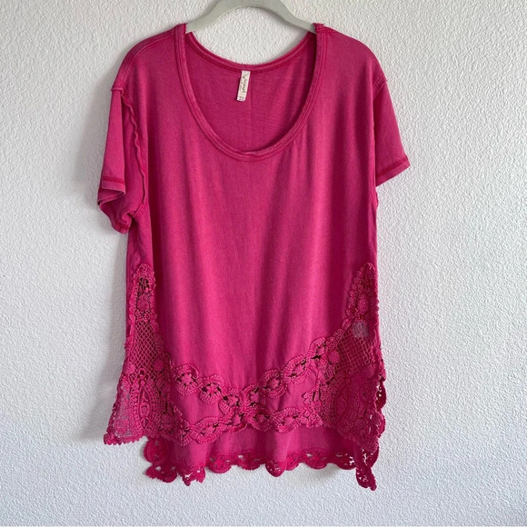 Free People Pink Lace Hem Short Sleeve Top - Picture 1 of 12